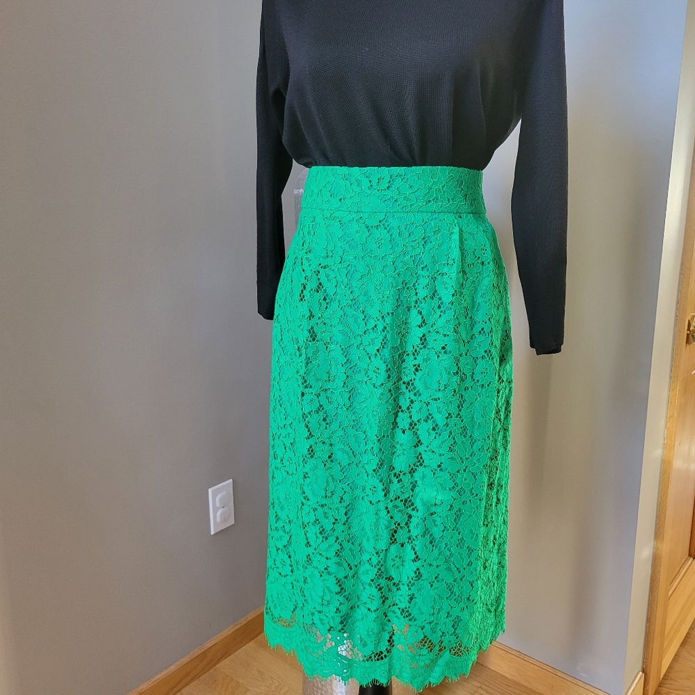 J. Crew Green Lace Midi Pencil Skirt 